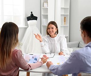 Female wedding planner discussing ceremony with clients in offic